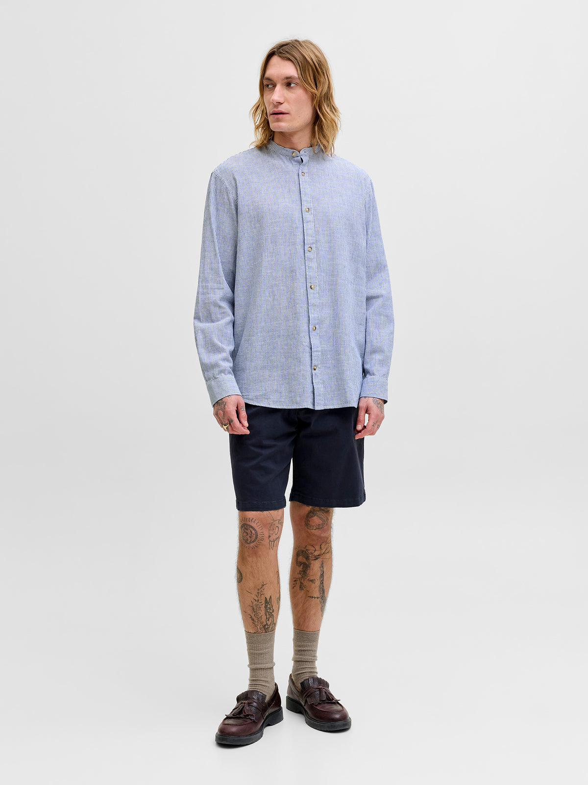 Ανδρικό πουκάμισο mao γιακάς ριγέ JJESUMMER LINEN BLEND BAND SHIRT 12289184 | 12289184
